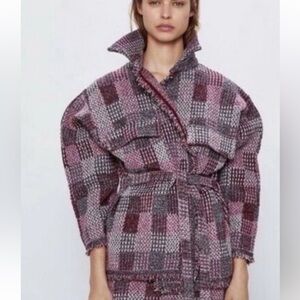 Zara Pink Plaid Wool-Blend Belted Jacket, small